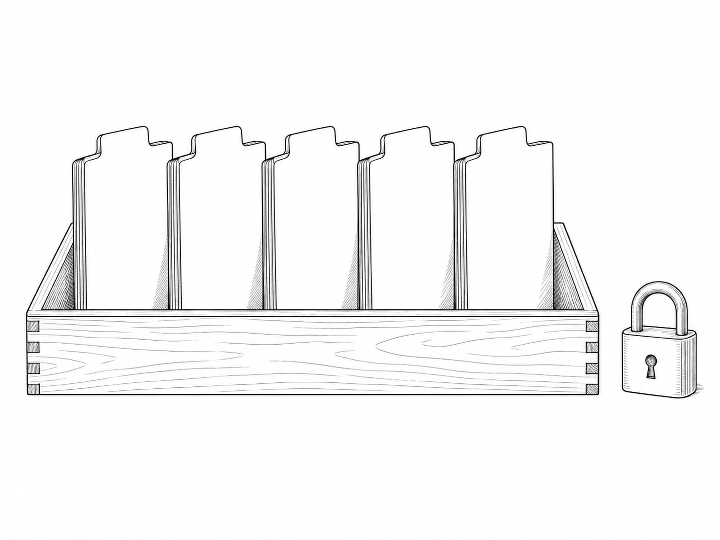 A tidy row of unlabeled paper folders standing upright in a wooden tray next to a small closed padlock.