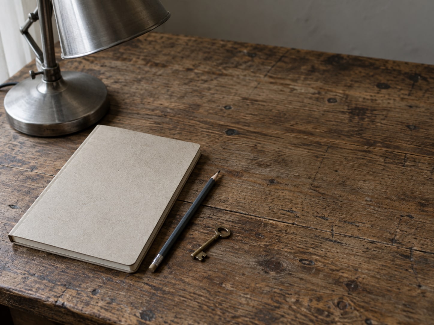 A closed notebook, a pencil and a small brass key on a worn wooden desk beside an unlit desk lamp.