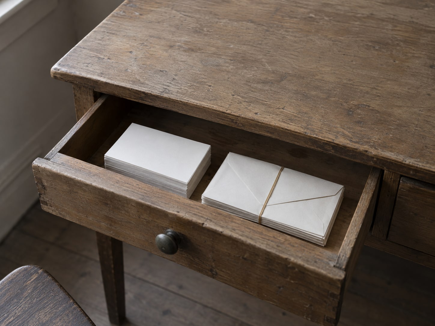 A single wooden desk drawer pulled open to show a neat stack of blank index cards beside a closed rubber-banded bundle of envelopes.