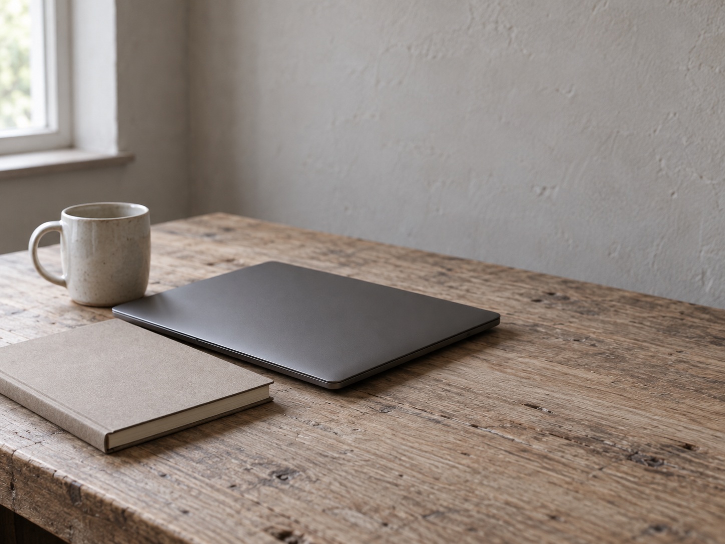 Un escritorio de madera con una laptop cerrada, una agenda de citas en papel cerrada y una taza, en la luz de la mañana.