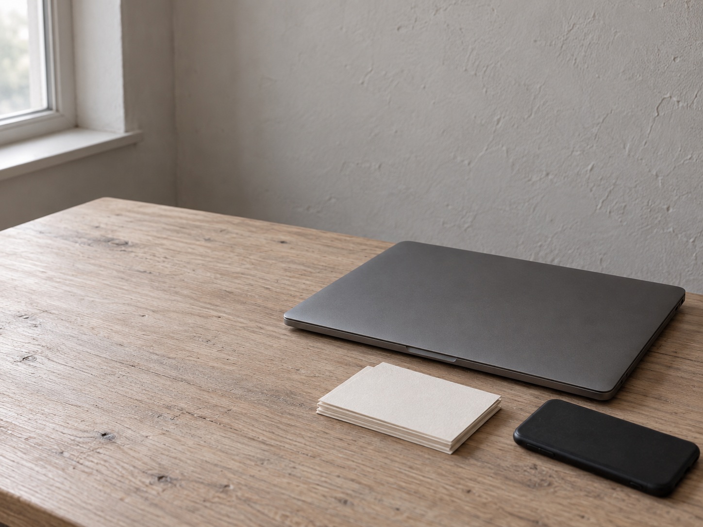 Una laptop cerrada y un teléfono boca abajo junto a una pequeña pila de tarjetas en blanco sobre un escritorio de roble claro.