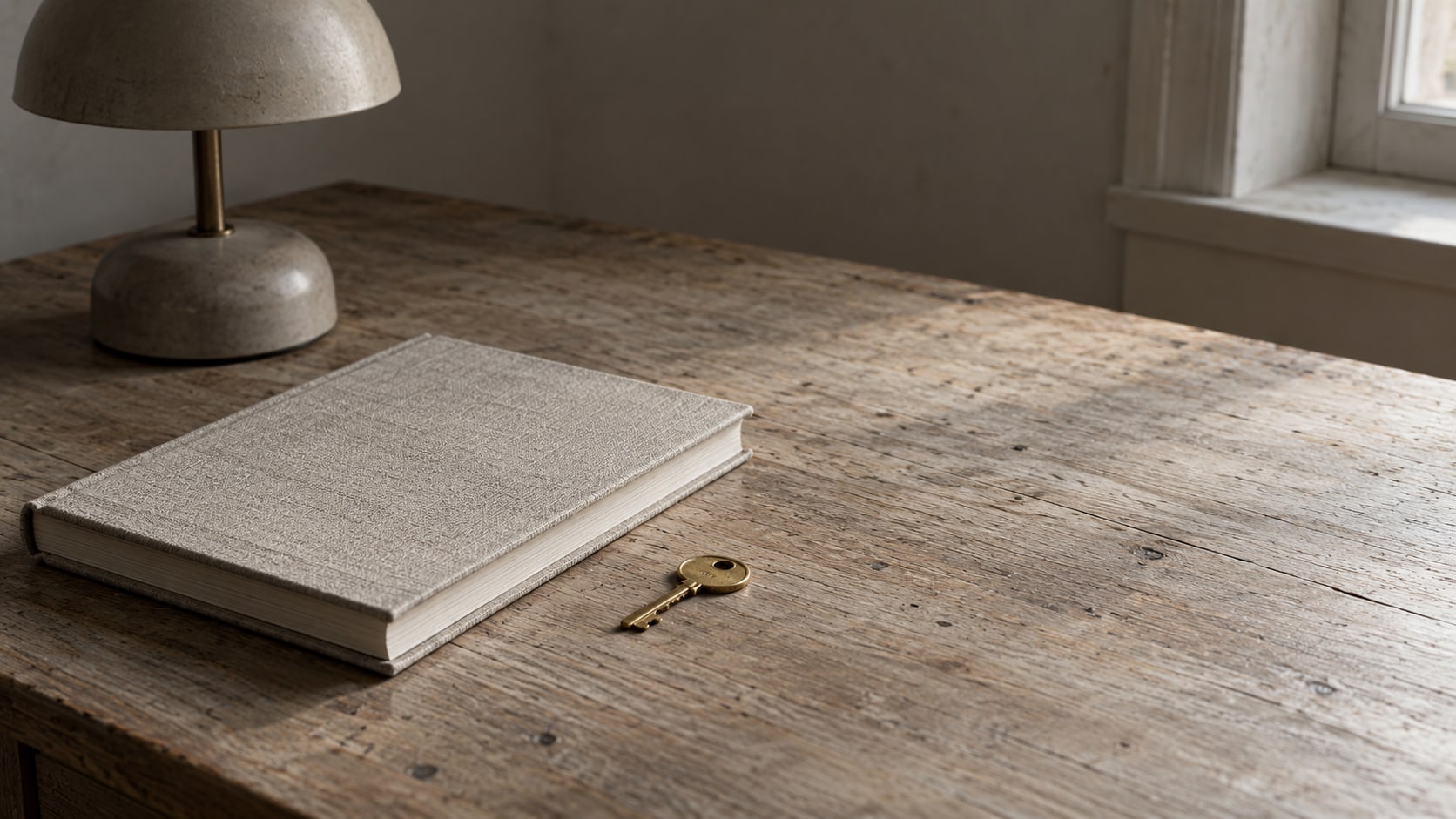 A closed notebook and a small brass key resting on a plain wooden desk beside an unlit lamp.