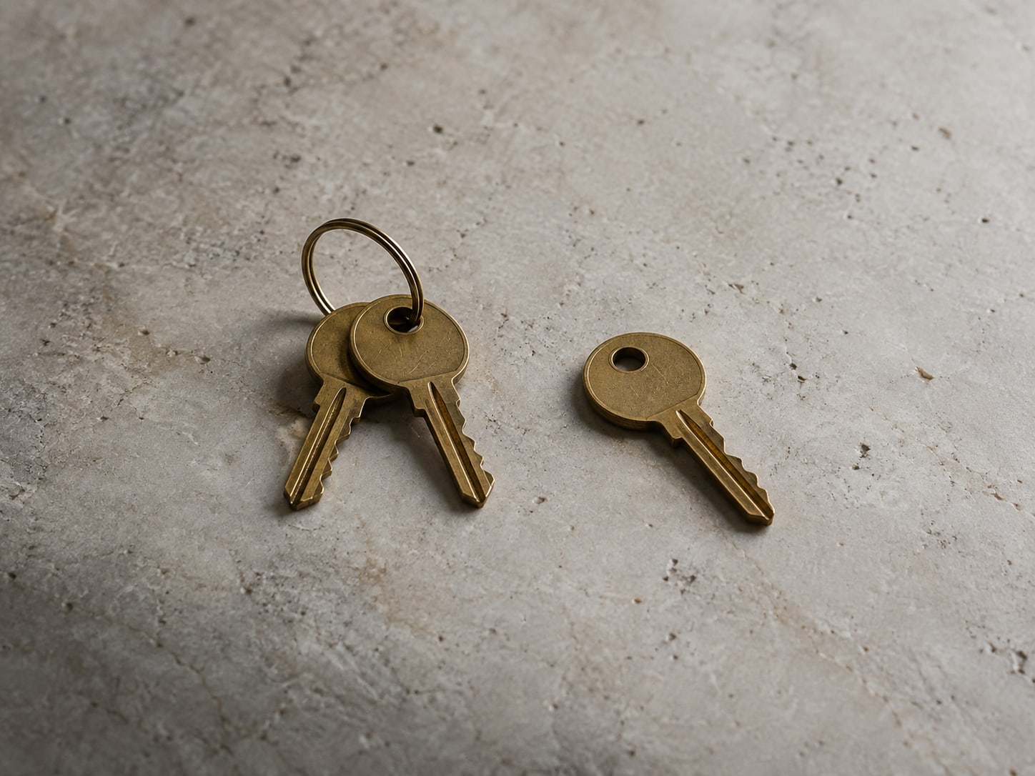 A pair of matching brass keys on a single ring beside one loose key on a plain stone surface.