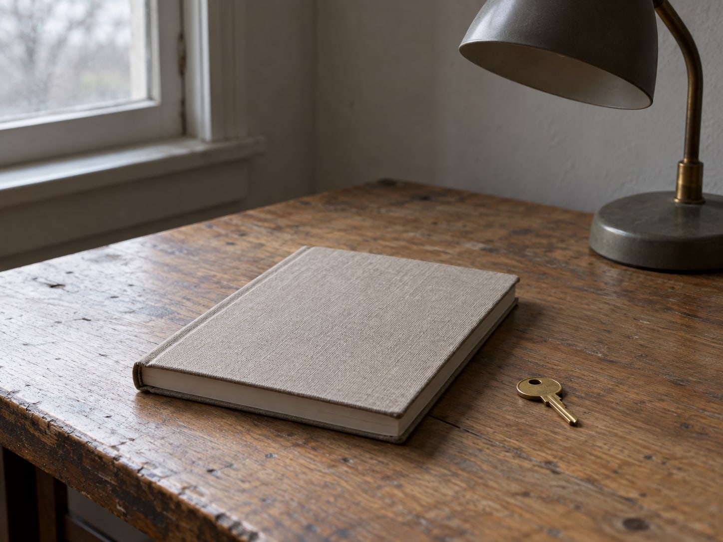 A closed notebook and a brass key resting on a bare wooden desk beside a small unlit desk lamp.