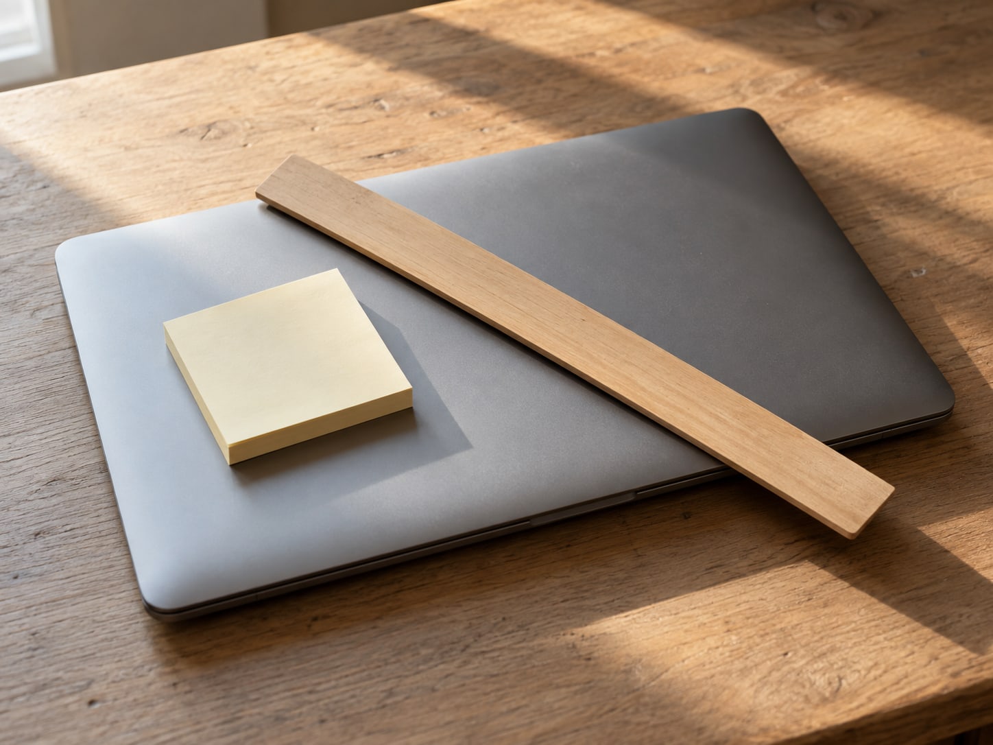 A stack of blank sticky notes with a single ruler laid across a closed laptop on a tidy desk.