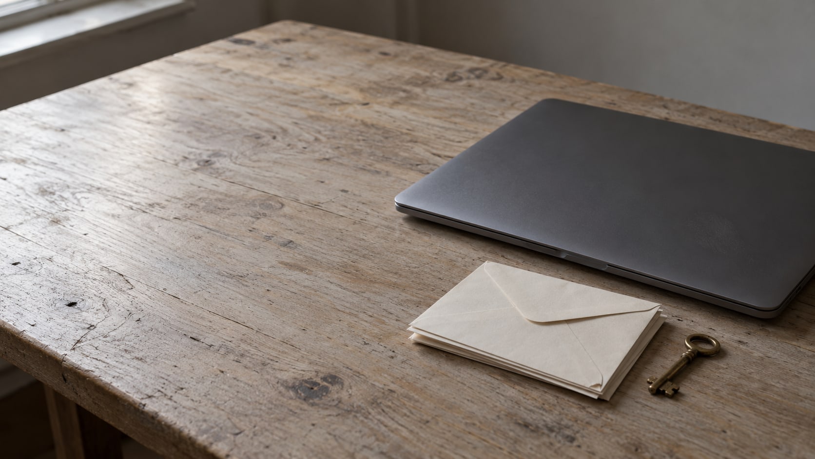Una laptop cerrada y un pequeño montón de sobres sin abrir junto a una llave de latón sobre un escritorio de madera sencillo.