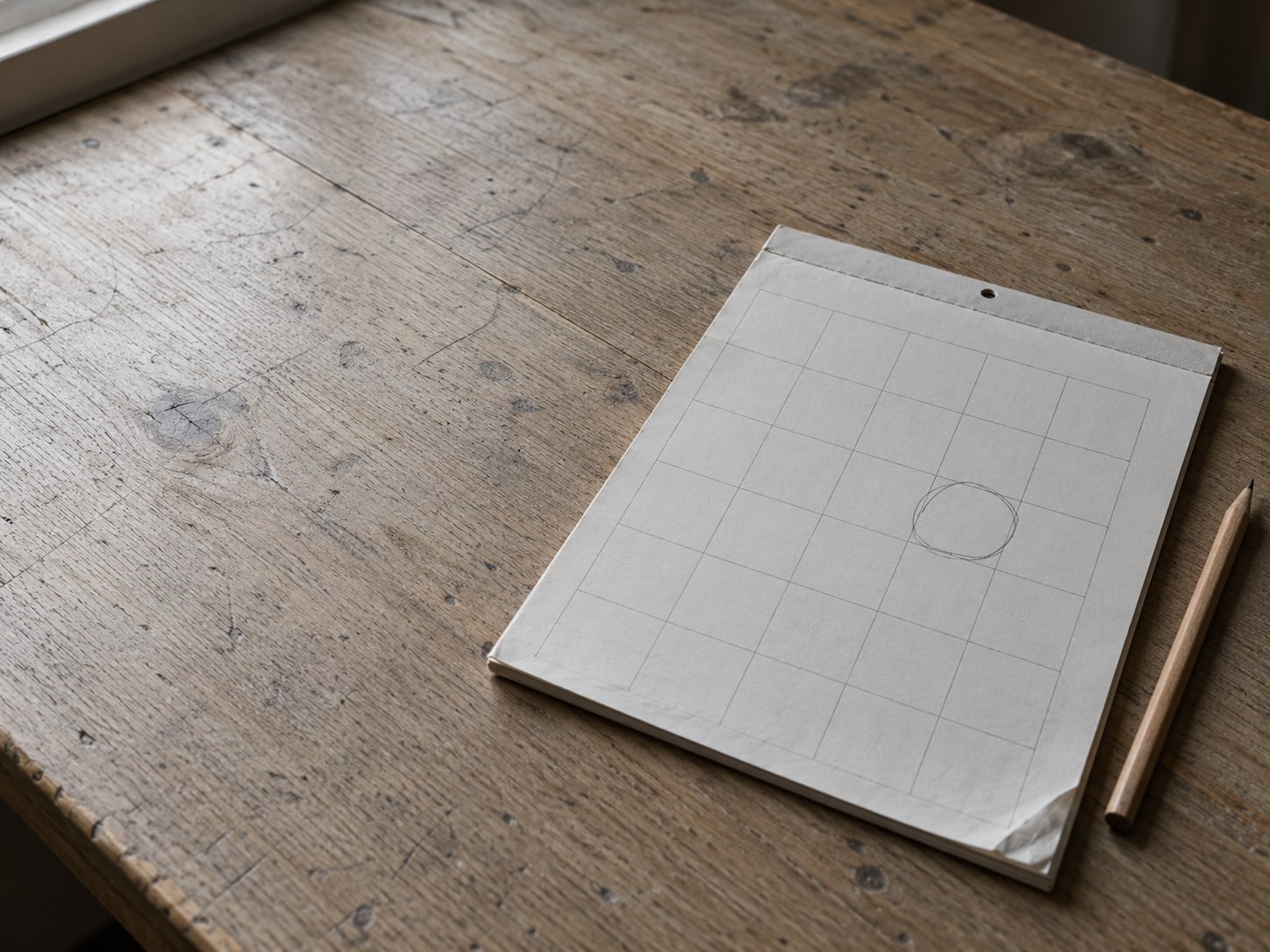 A closed wall calendar with one date circled in blank pencil beside a pen on a wooden desk.