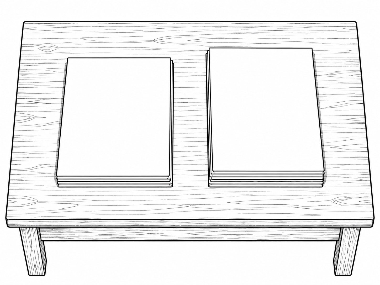 Two small stacks of blank paper side by side on a wooden desk, one slightly taller.