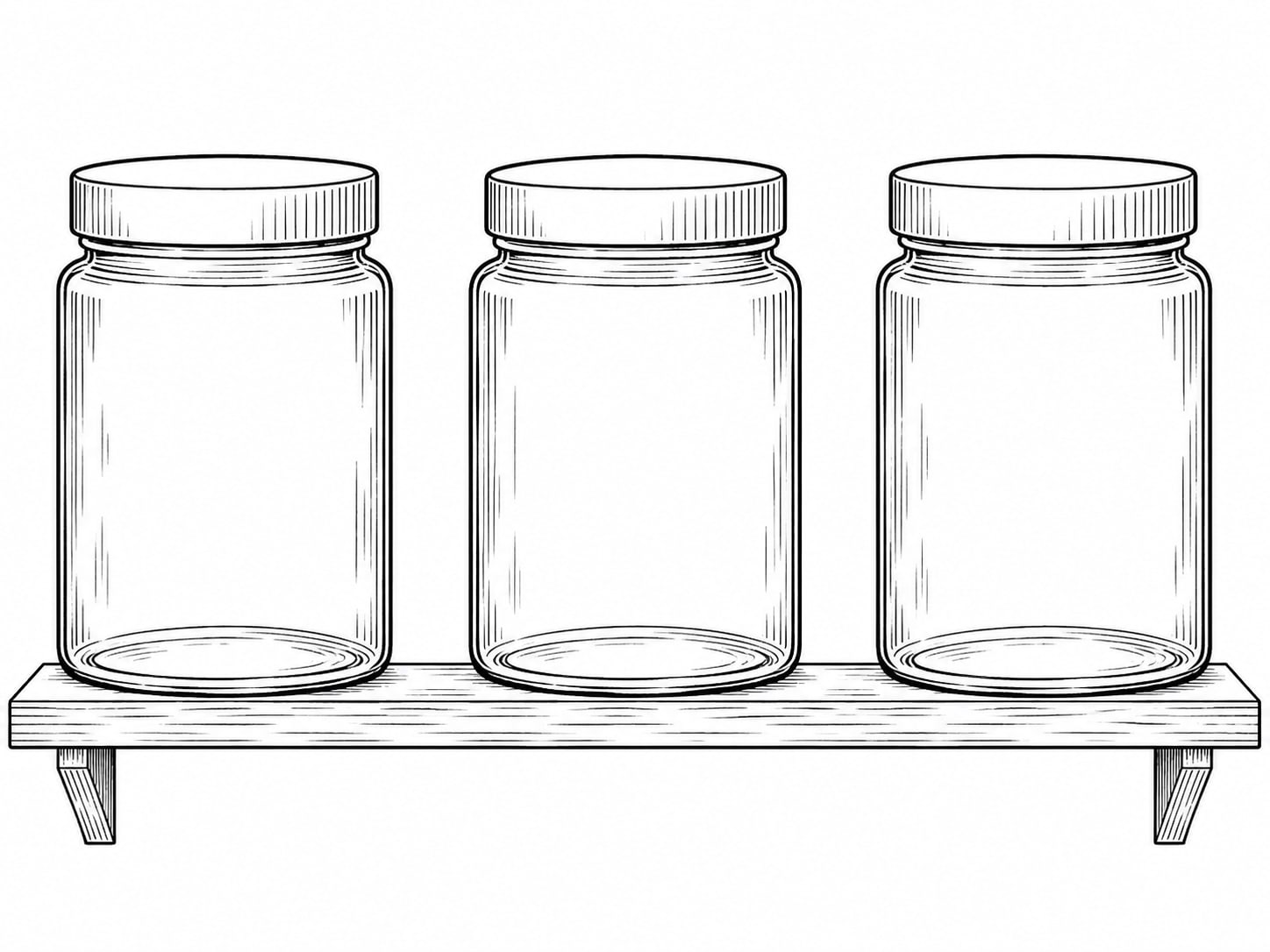 A neat row of three unlabeled jars with blank lids on a plain shelf.