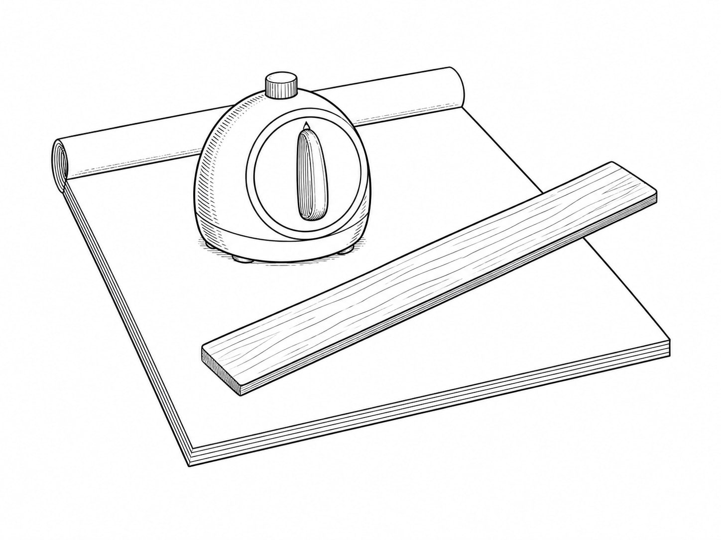 A kitchen timer and a plain wooden ruler resting on a blank paper pad on a desk.