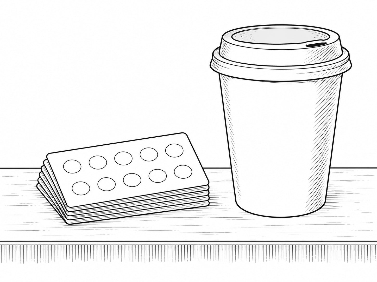 A small stack of blank loyalty punch cards and a paper coffee cup on a cafe counter, soft morning light.