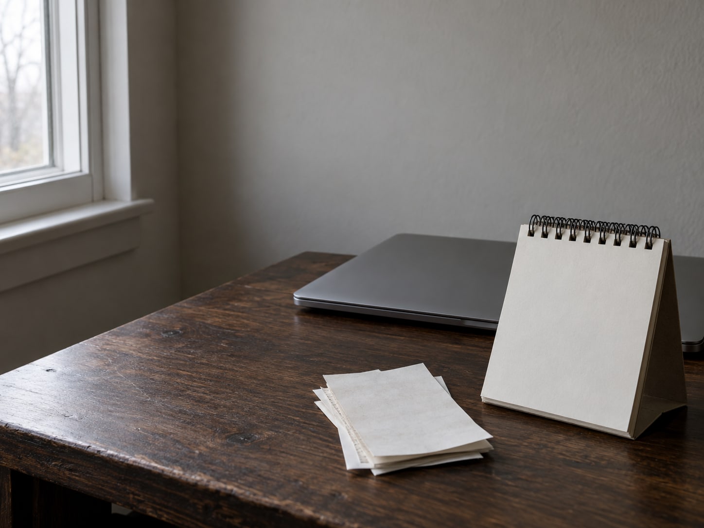 A desk calendar with blank pages next to a closed laptop and a small pile of plain receipts on a walnut desk.