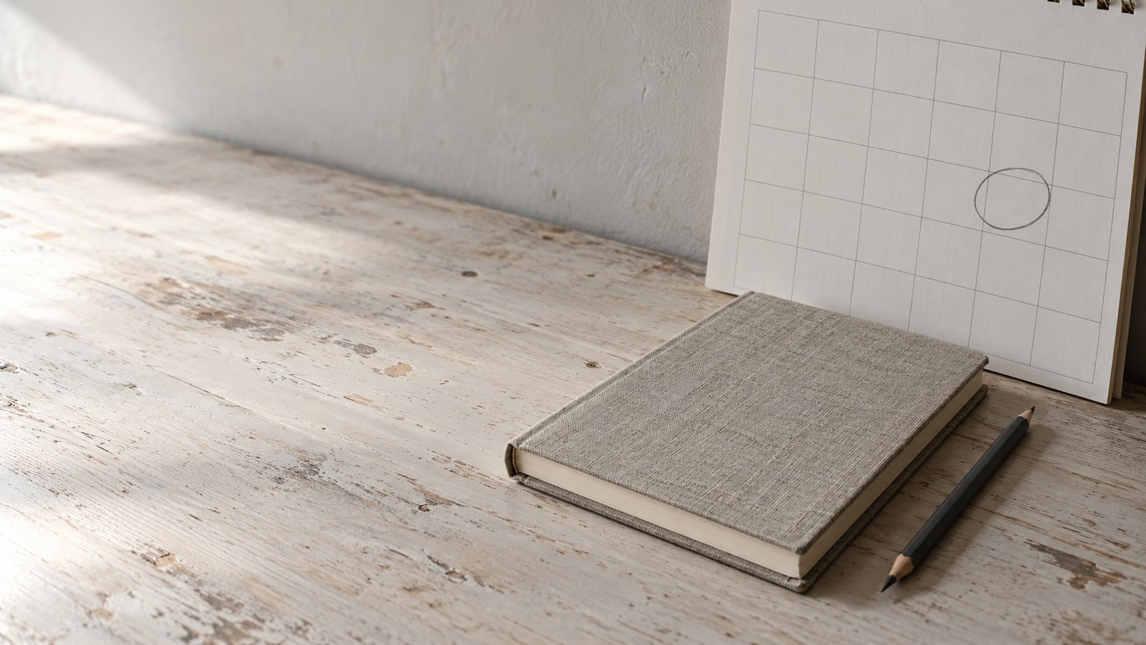 A closed notebook and a pencil beside a wall calendar on a pale wooden desk, with one date circled in soft pencil.