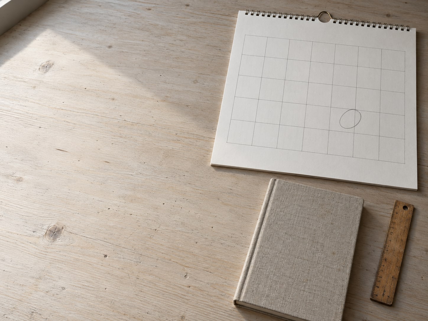 A wall calendar with one date circled in soft pencil, next to a closed notebook and a small ruler on a pale desk.
