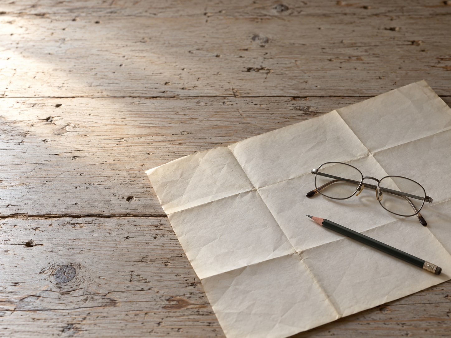 A pair of reading glasses resting on a plain folded paper map beside a pencil on a wooden table.