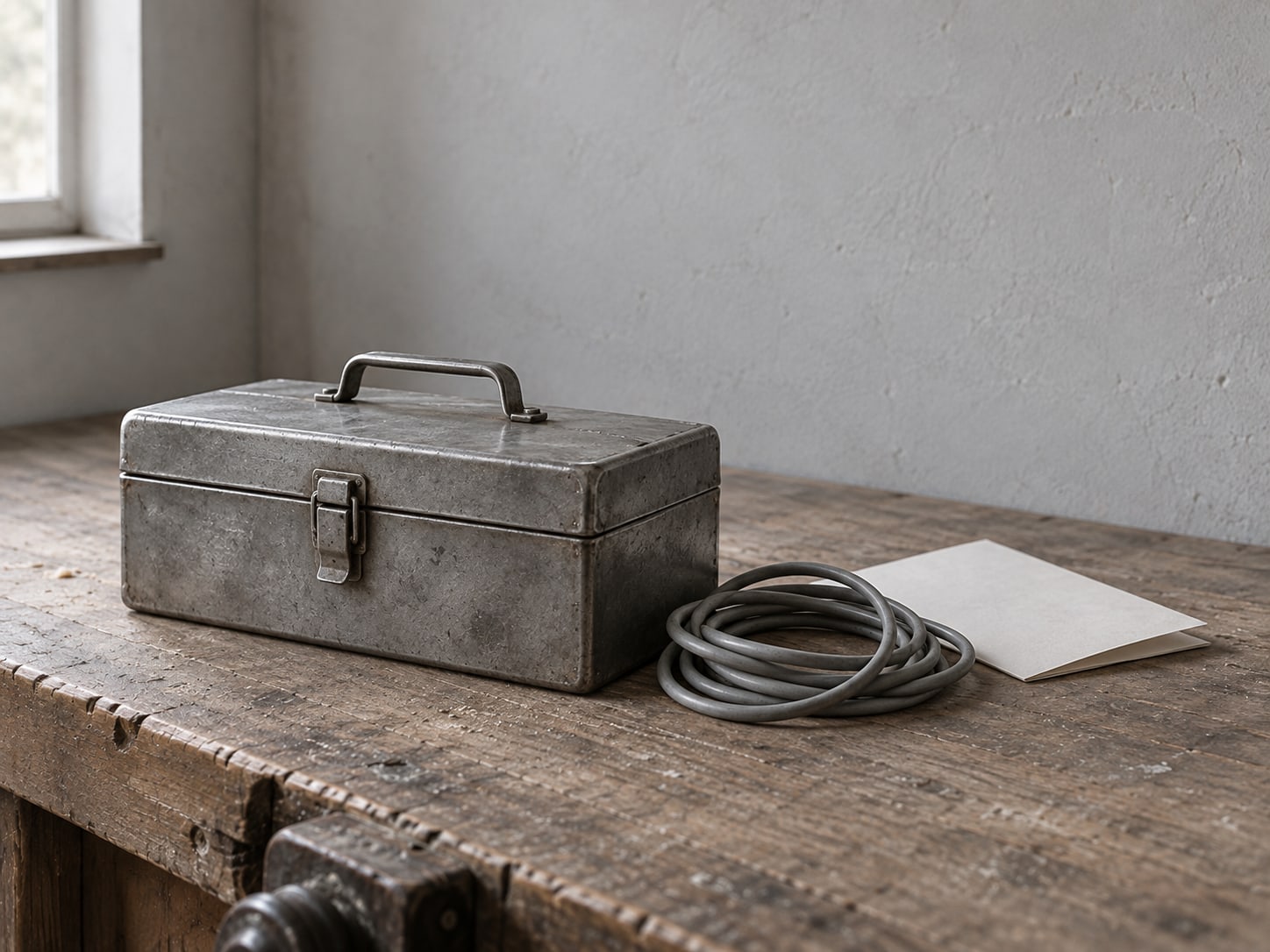 Una caja de herramientas metálica pequeña cerrada sobre una mesa de trabajo junto a un rollo de cable y una hoja en blanco doblada.