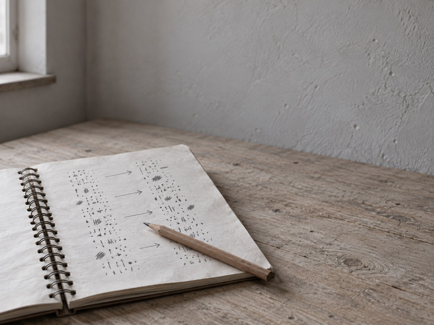 Un cuaderno de espiral abierto sobre un escritorio con dos columnas ordenadas de marcas de lápiz ilegibles unidas por flechas cortas, y un lápiz atravesado sobre la página.