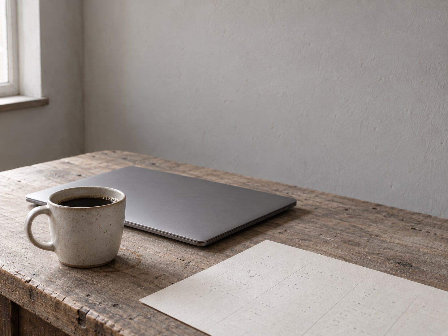 Una taza de café sobre un escritorio junto a una laptop cerrada y una sola hoja de papel dividida en columnas con marcas de lápiz ilegibles.