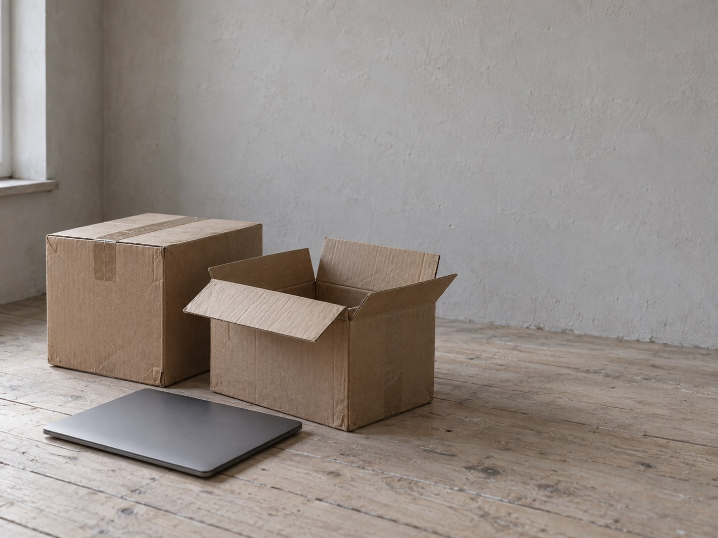 Una laptop cerrada junto a dos cajas de cartón para mudanza, una sellada con cinta y otra abierta y vacía, sobre un piso de madera clara.