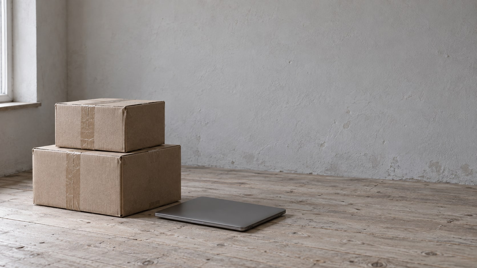 Two taped cardboard moving boxes beside a closed laptop on a bare wooden floor.