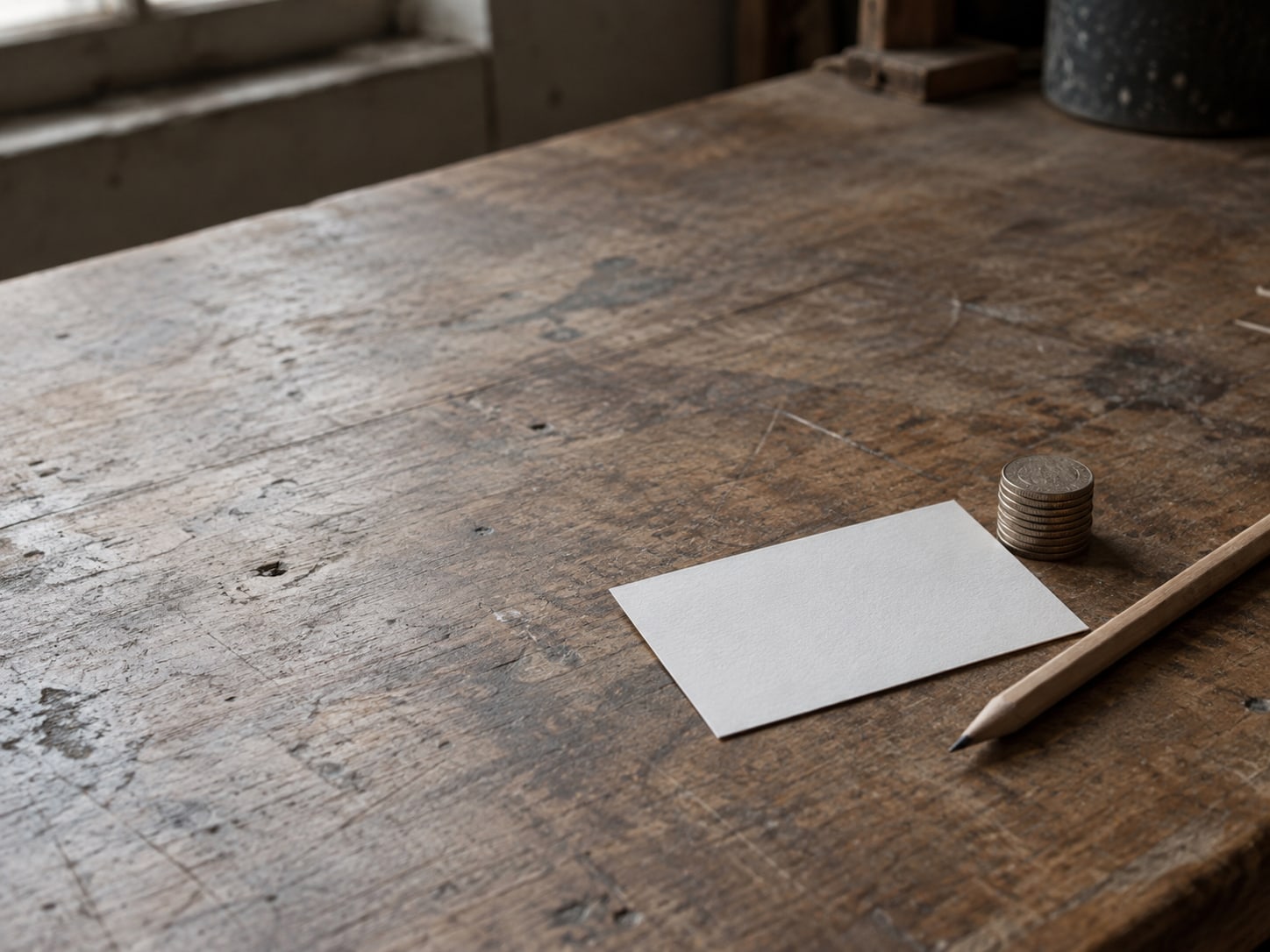 A small stack of coins beside a blank index card and a sharpened pencil on a worn wooden counter.