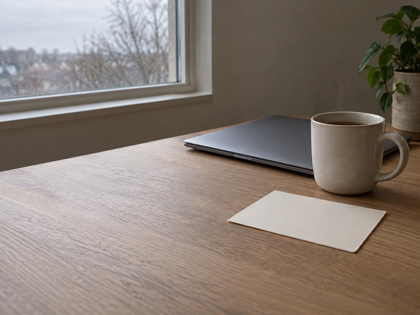 A mug of tea beside a closed laptop and a single blank notecard on a desk near a window.