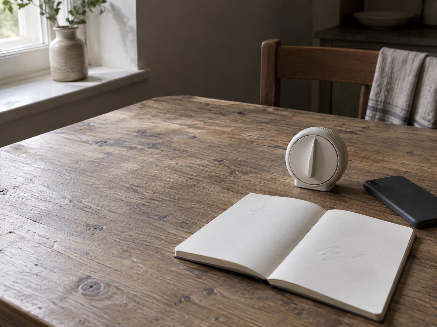 A kitchen timer beside an open notebook with faint pencil tick marks and a phone lying face down on a wooden table.