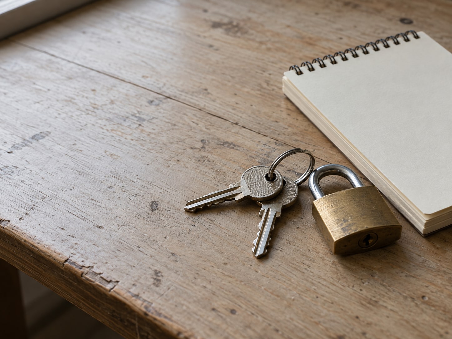 A spare ring of keys and a small padlock resting beside a blank notepad on a worn desk.