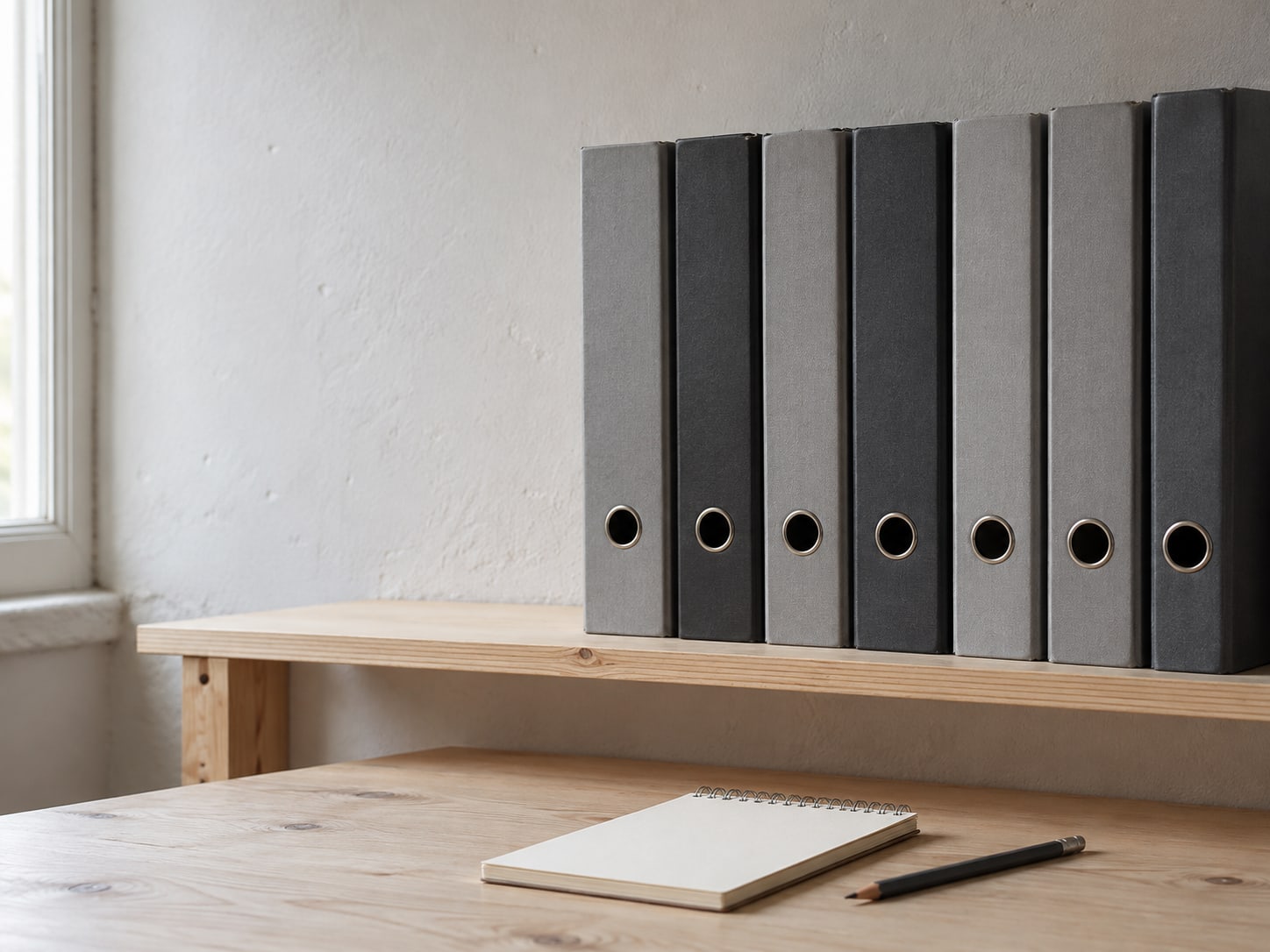 A tidy row of closed ring binders on a shelf above a blank notepad and a pencil.