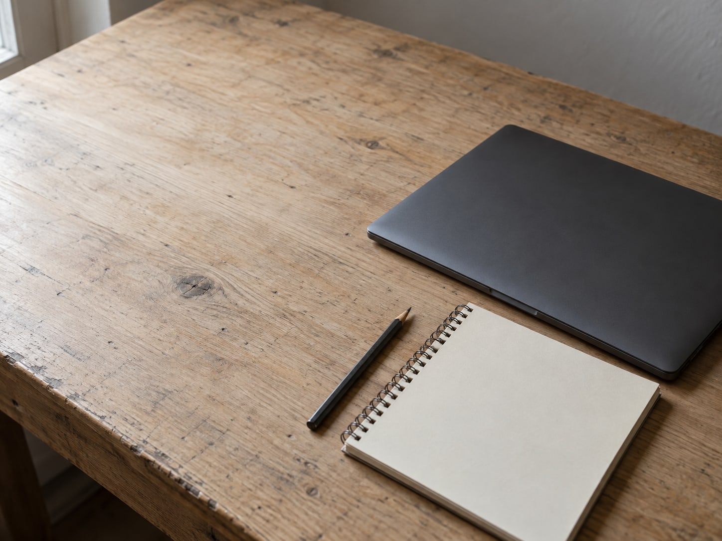 A closed laptop beside a blank notepad and a pencil on a plain wooden desk.