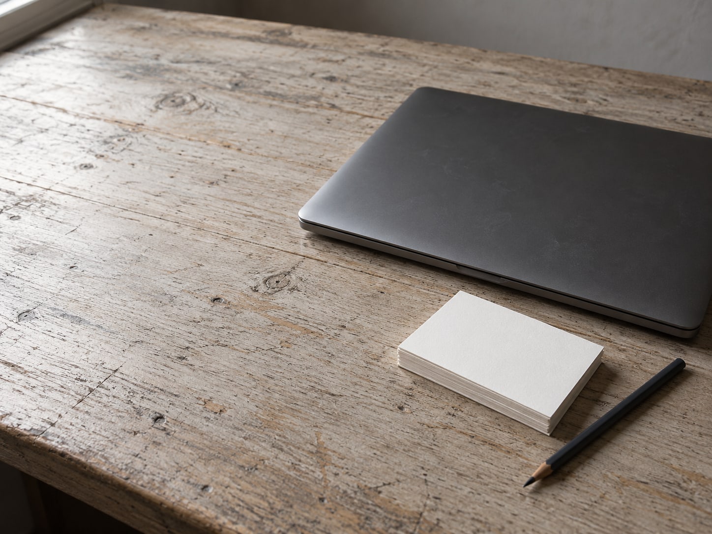 Una laptop cerrada junto a una pequeña pila de fichas en blanco y un lápiz sobre un escritorio de madera.