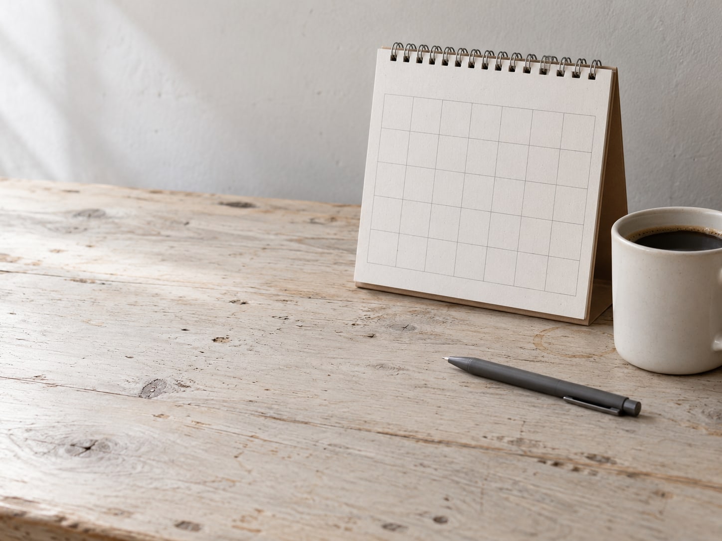 Un calendario de pared con varias semanas sin marcar, junto a una taza de café y un bolígrafo sobre un escritorio.