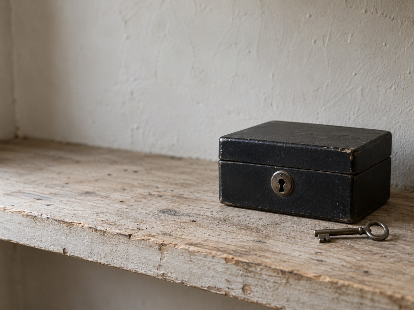 A small lockbox with its key beside it on a wooden shelf.