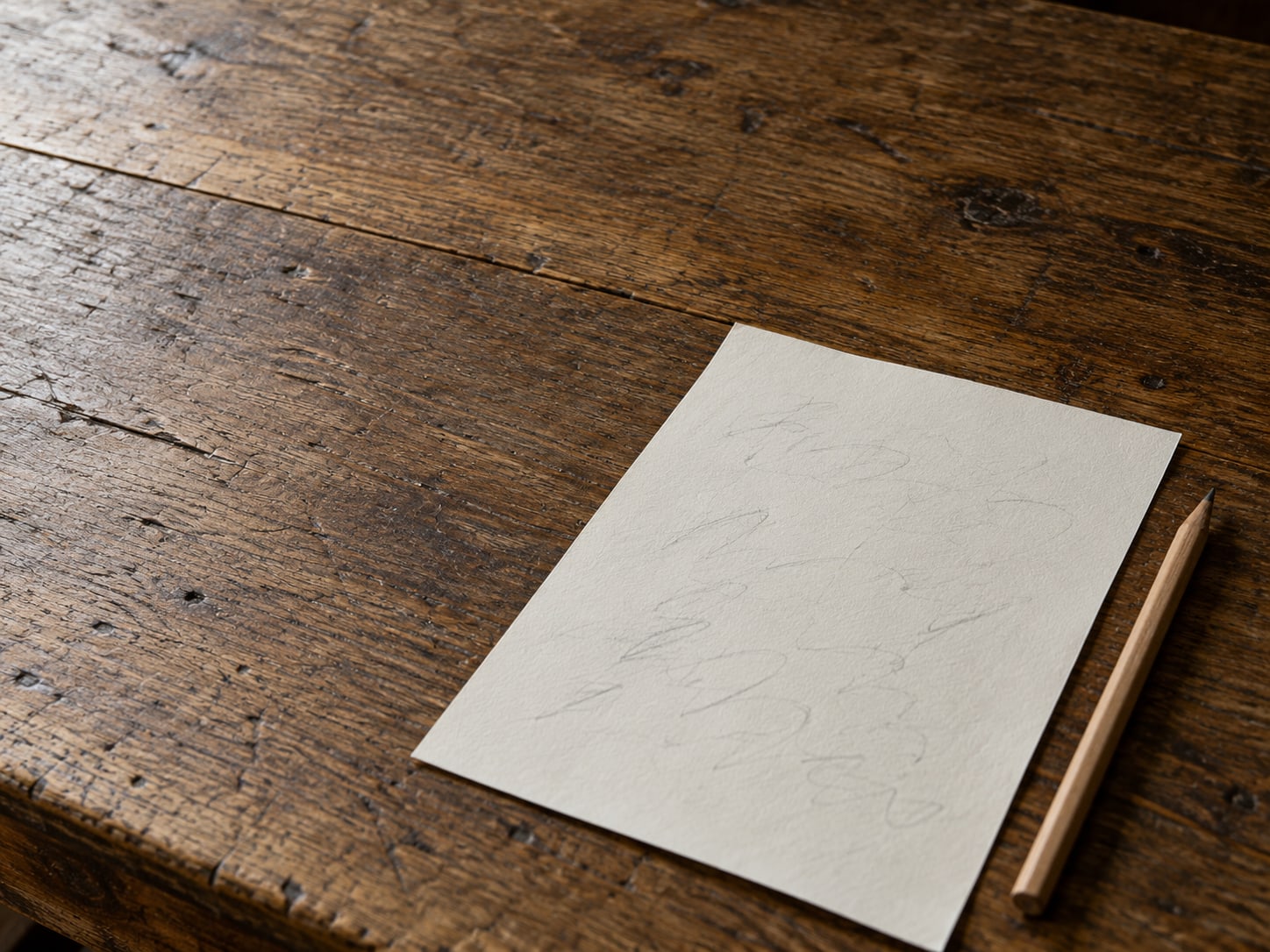 A paper checklist with unreadable pencil marks lying next to a pencil on a wooden table.