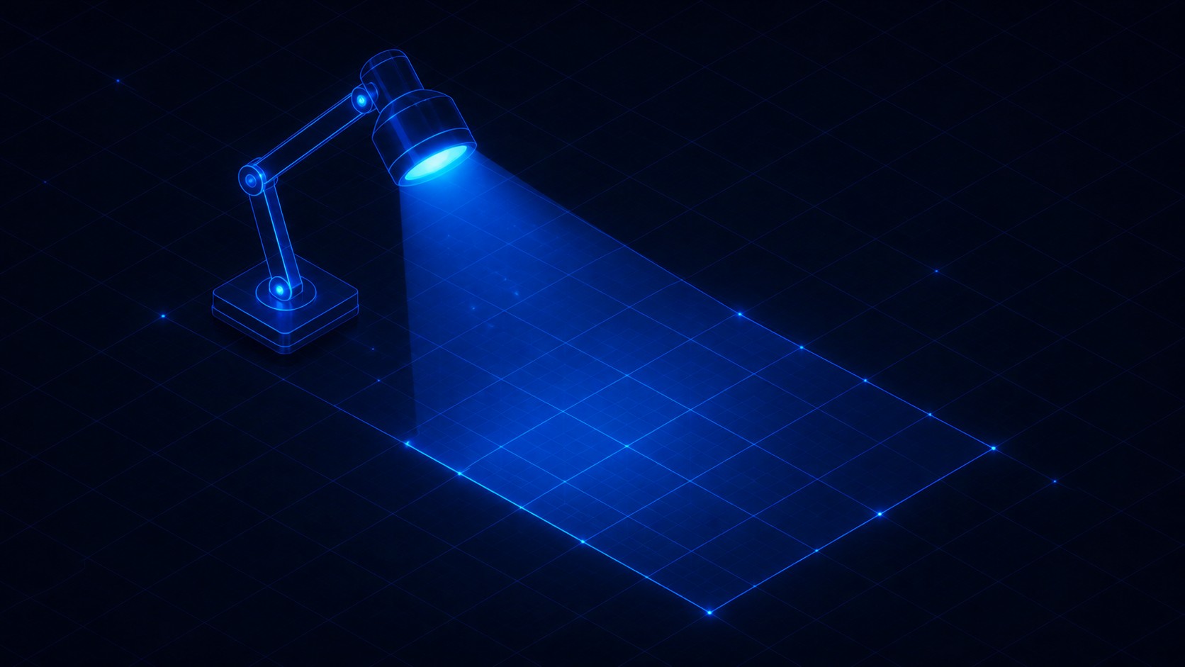 A single lamp casting a defined pool of light across one part of a wide floor, the far side of the same floor left entirely dark.