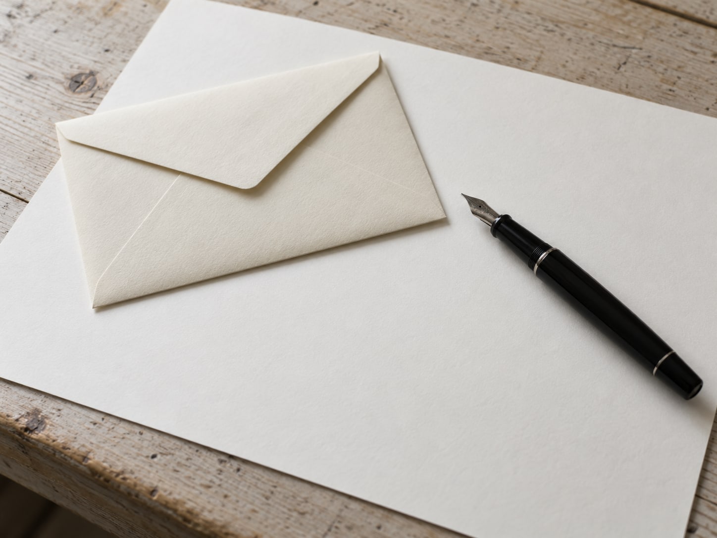 A sealed cream envelope and a fountain pen resting on a blank sheet of paper.