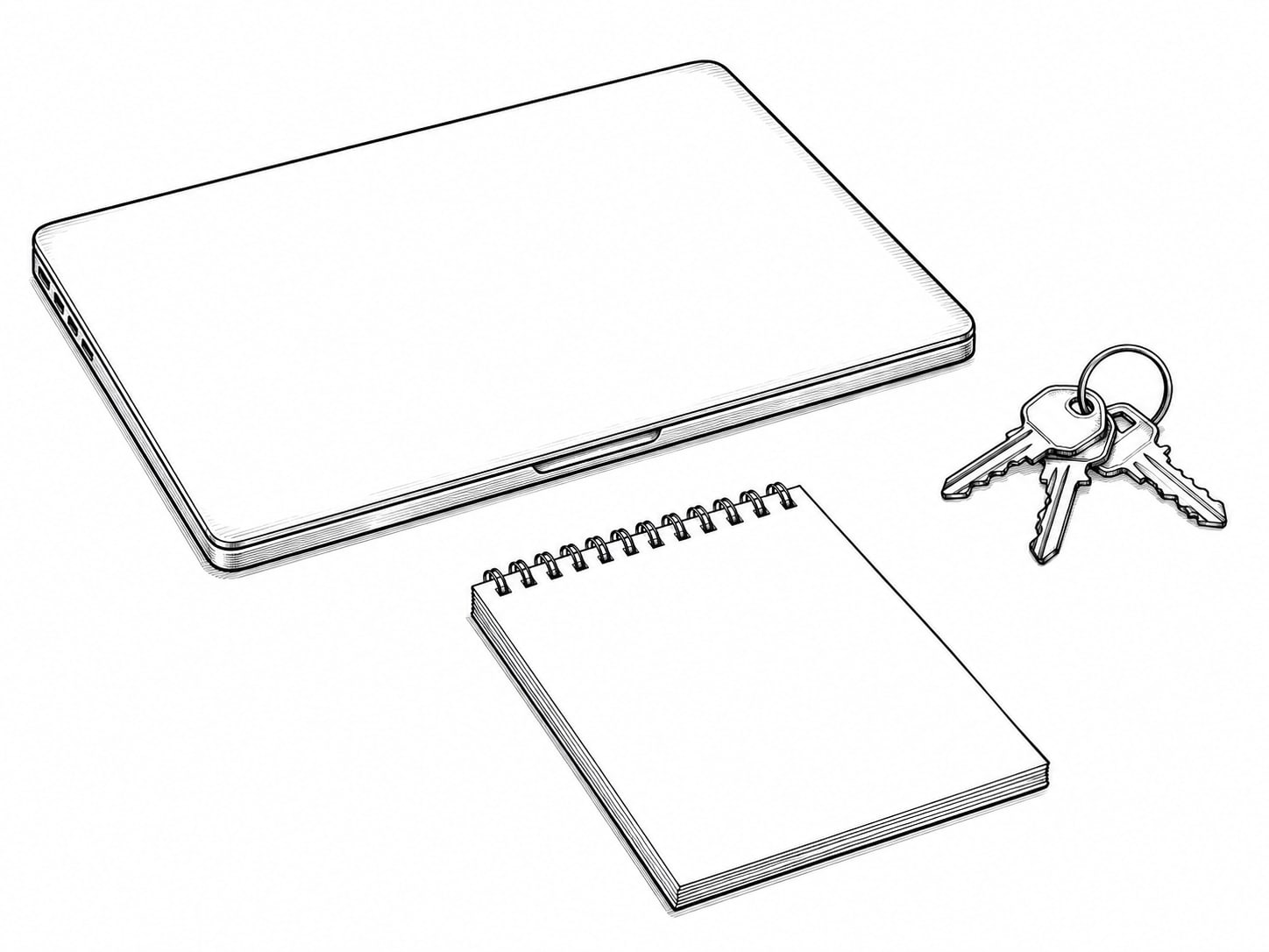 A closed laptop beside a ring of brass keys and a blank paper notepad on a wooden desk.