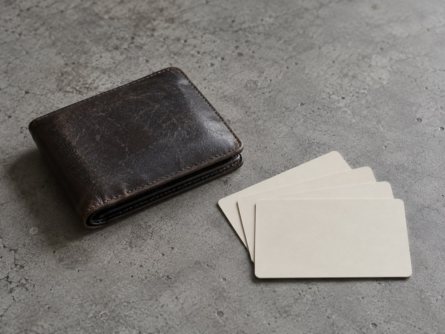 A plain leather wallet and a stack of blank cards fanned across a gray table.
