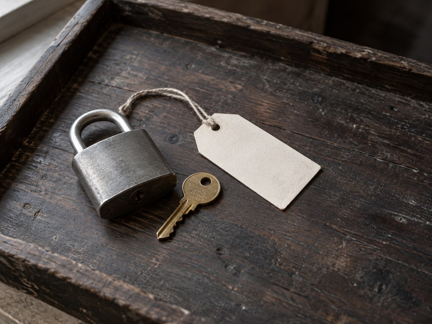 A padlock, a brass key and a blank paper tag on a dark wooden tray.