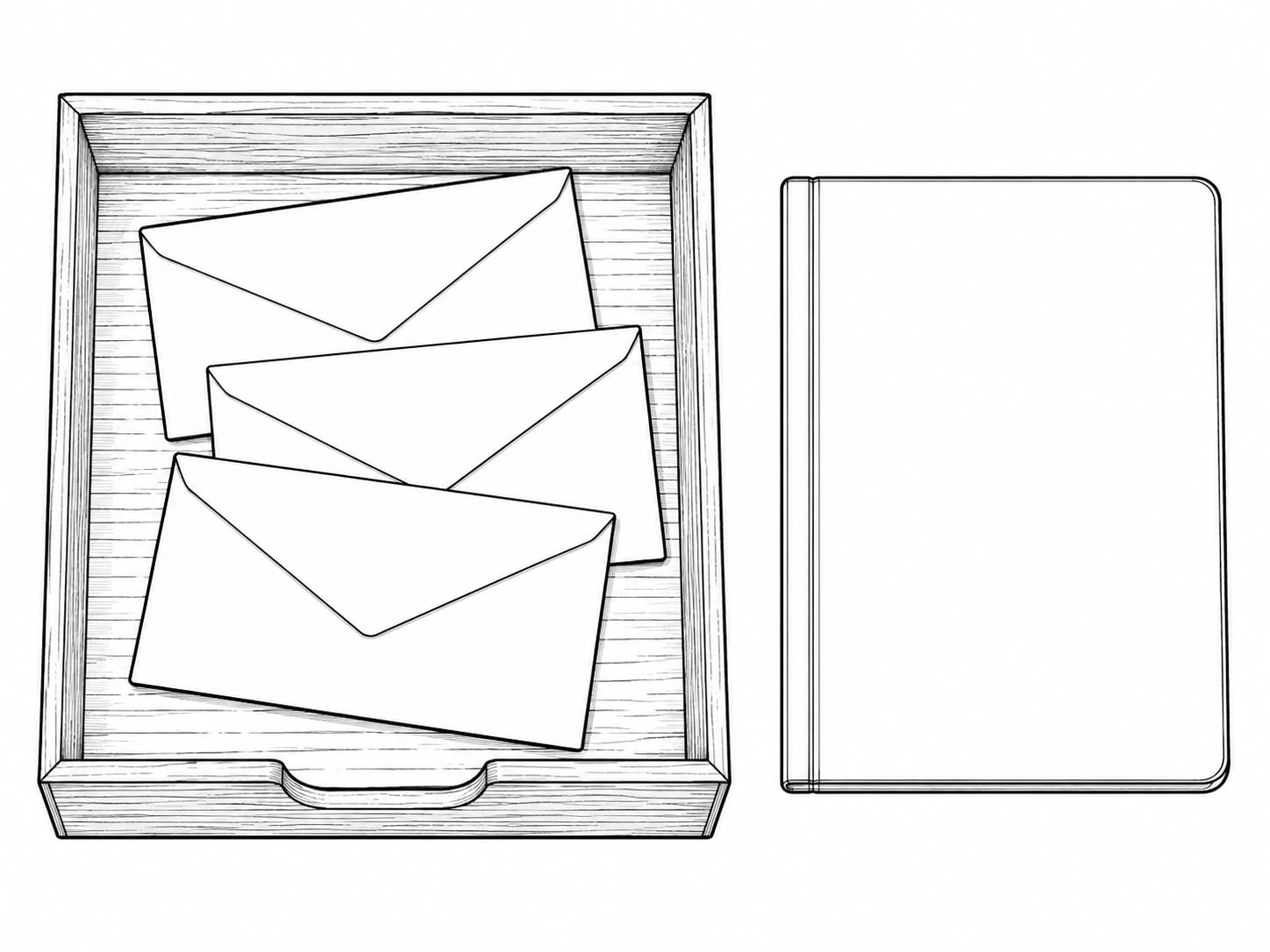 A worn wooden inbox tray holding a few blank envelopes next to a closed notebook.