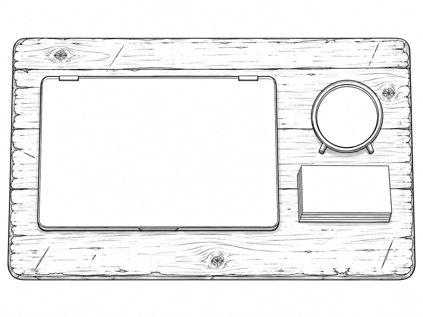 A closed laptop, a small stack of blank index cards and a brass desk clock on a worn wooden desk, photographed from above.