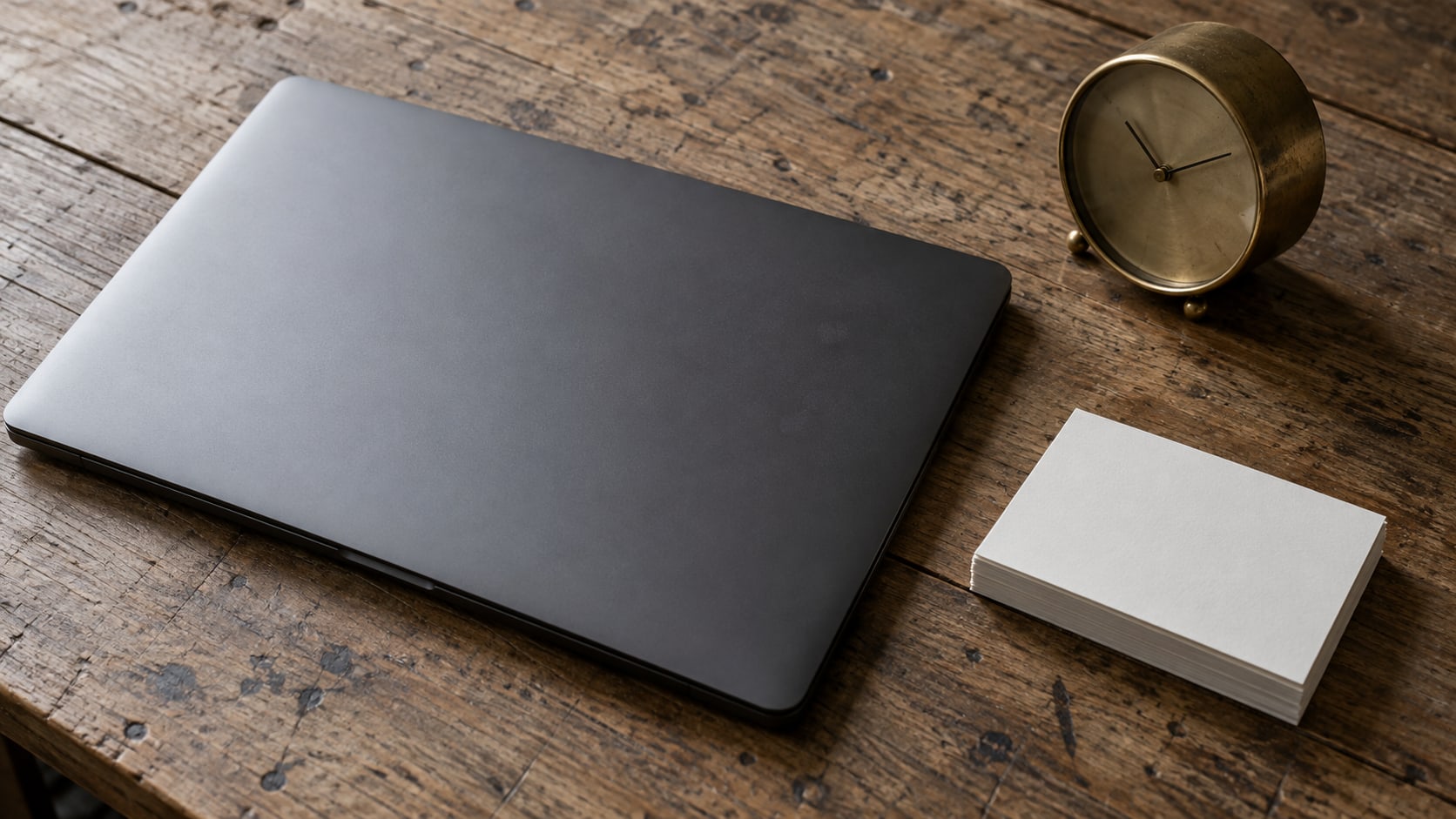 A closed laptop beside a small brass desk clock and a stack of blank index cards on a worn wooden desk, photographed from above.