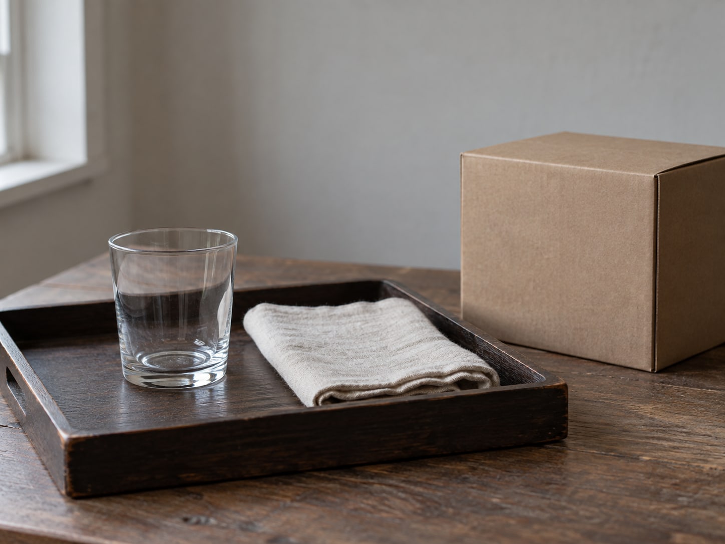 A wooden tray holding a single clean drinking glass and a folded cloth beside an unopened cardboard box.