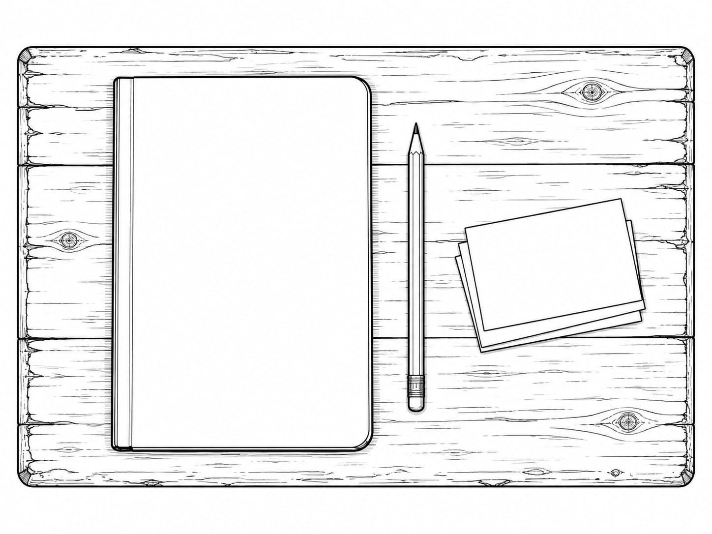 A closed notebook and a pencil beside a small stack of blank index cards on a worn wooden desk.