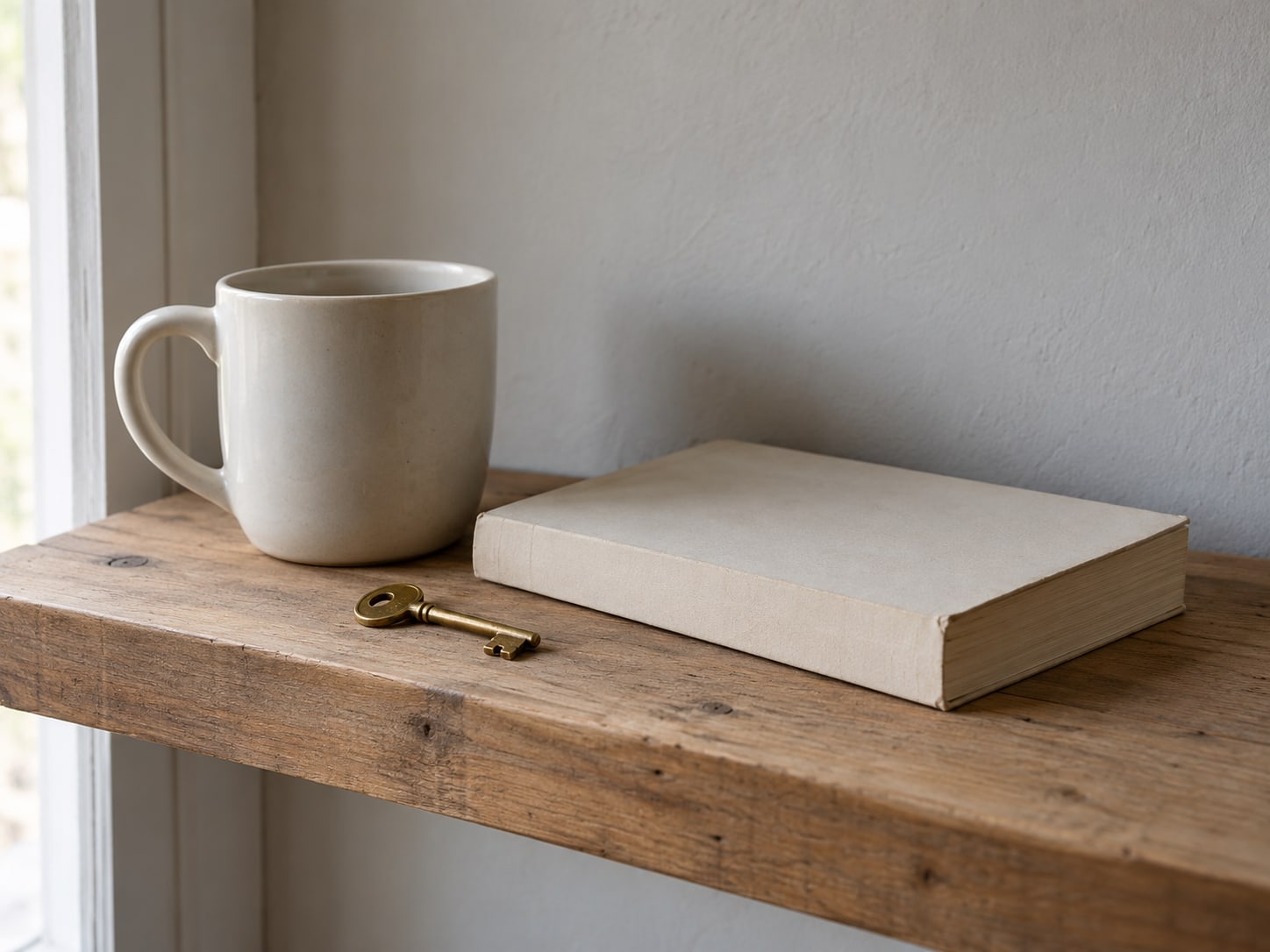 A ceramic mug and a closed paperback book resting on a clear wooden shelf beside a small brass key.