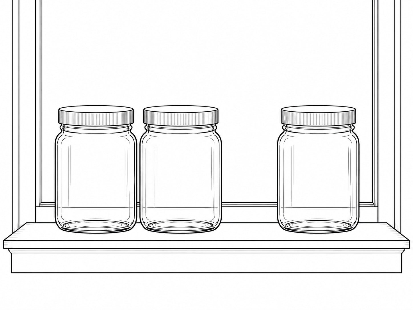 A row of three unlabeled glass jars with plain lids on a windowsill, one jar set slightly apart from the others.