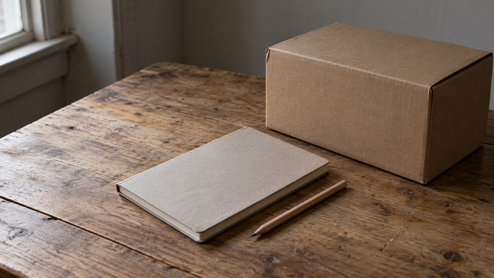 A closed notebook and a single pencil on a bare wooden desk beside an unopened cardboard box, in soft light.