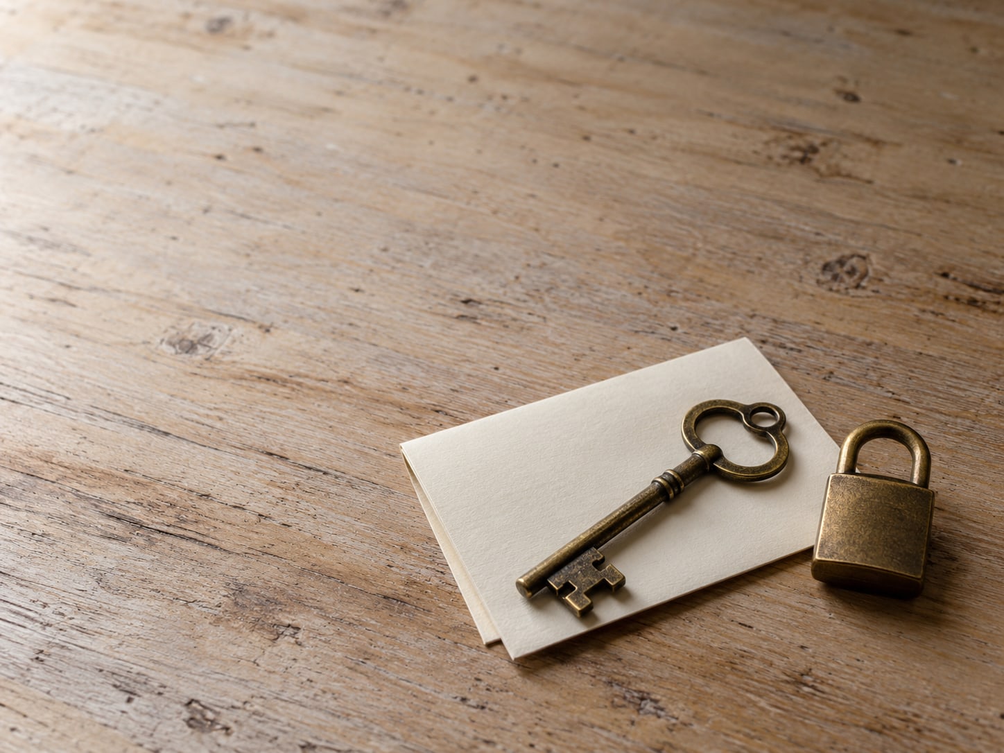 A single brass key resting on a folded blank card beside a small closed padlock on a pale wooden table.
