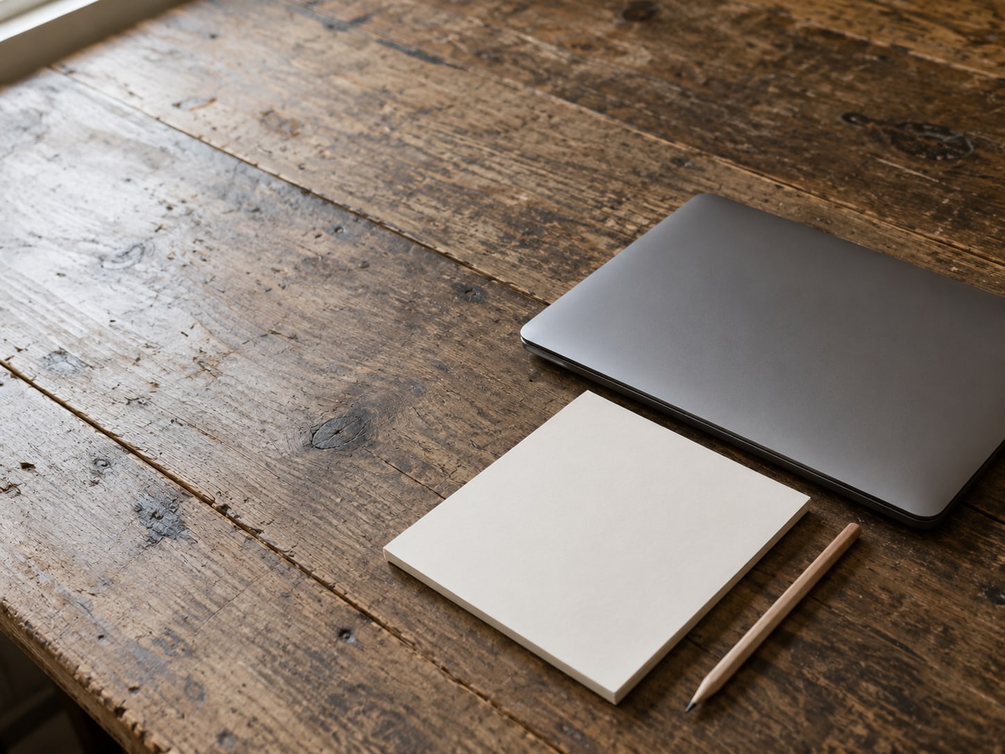A closed laptop beside a blank notepad and a pencil on a worn wooden counter.