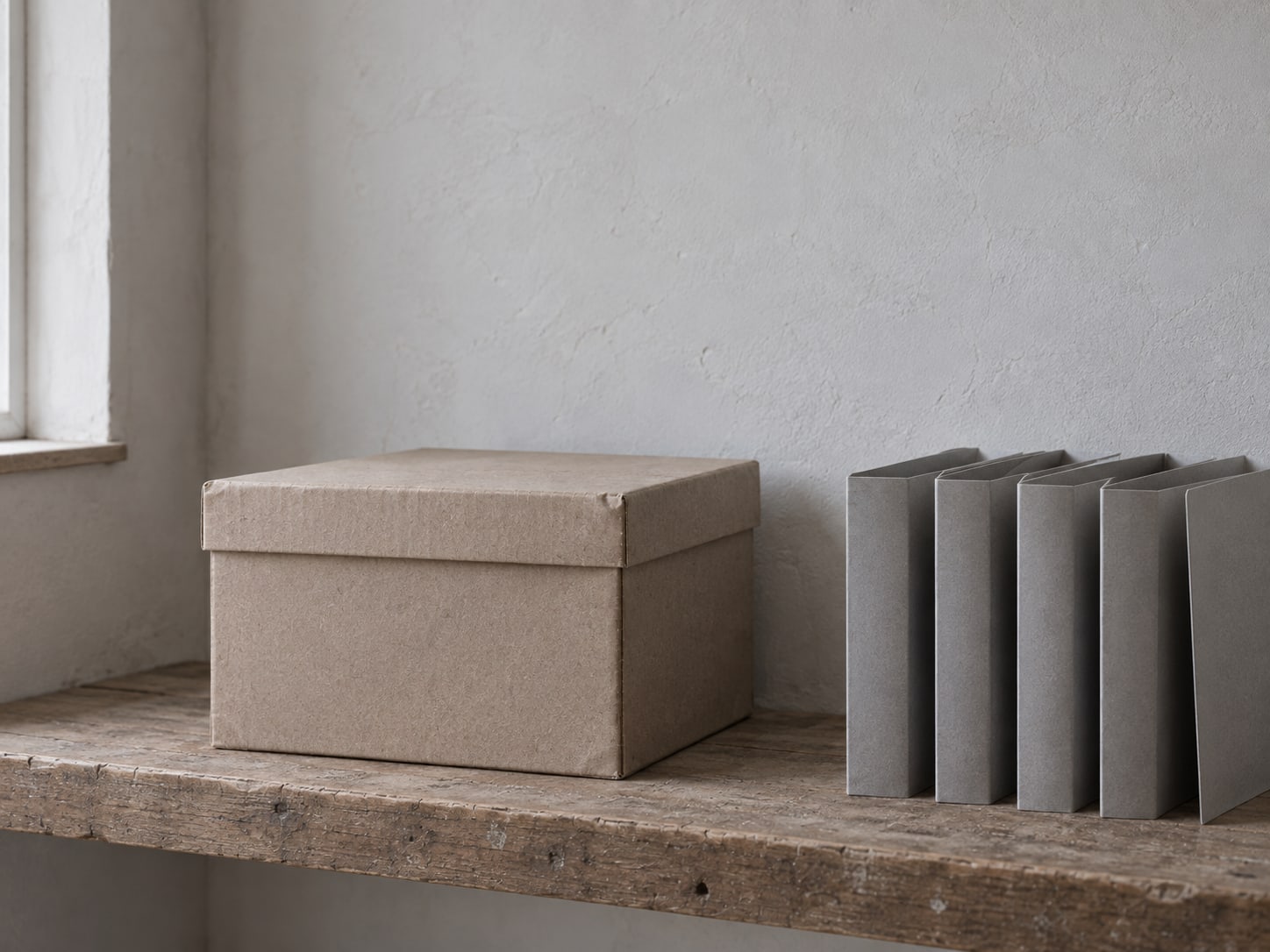 A cardboard archive box with its lid closed sitting on a shelf beside a neat row of empty folders.